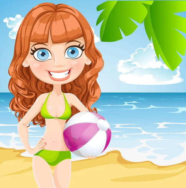 Young girl in a bathing suit with an inflatable ball on sunny beach — Stock Vector