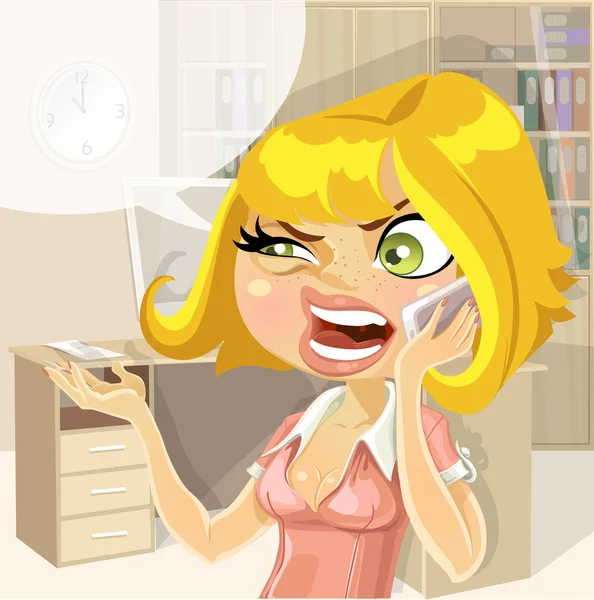 Cute girl on work in office swears by phone — Stock Vector