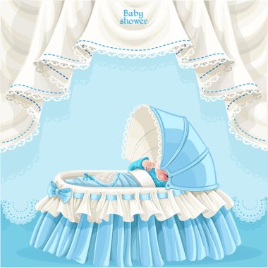 mavi bebek duş kart ile şirin bebek beşik içinde