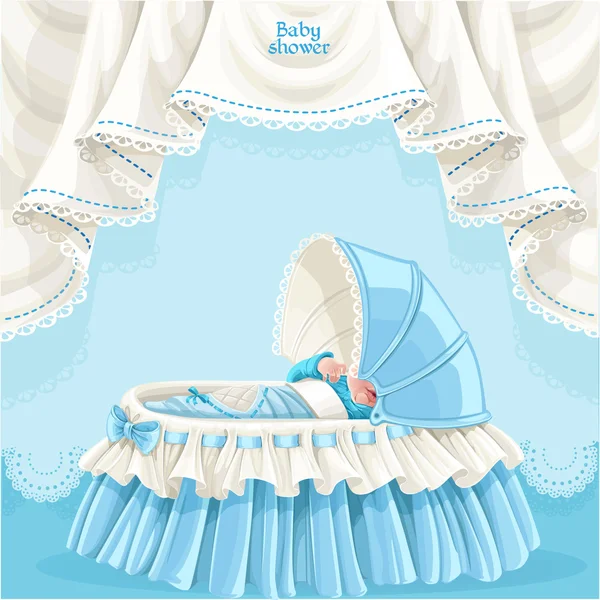 Blue baby shower card with cute little baby in the crib — Stock Vector