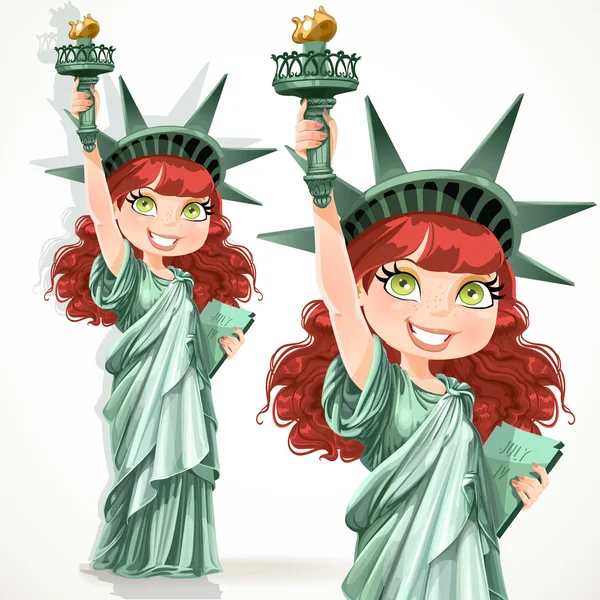 Garota de cabelo castanho encaracolado vestida como a estátua da liberdade com tocha —  Vetores de Stock