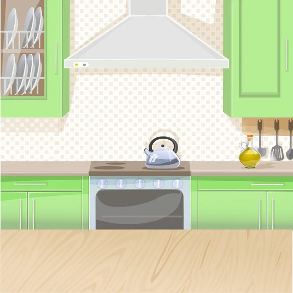 Intérieur de cuisine avec cuisinière et les armoires — Image vectorielle