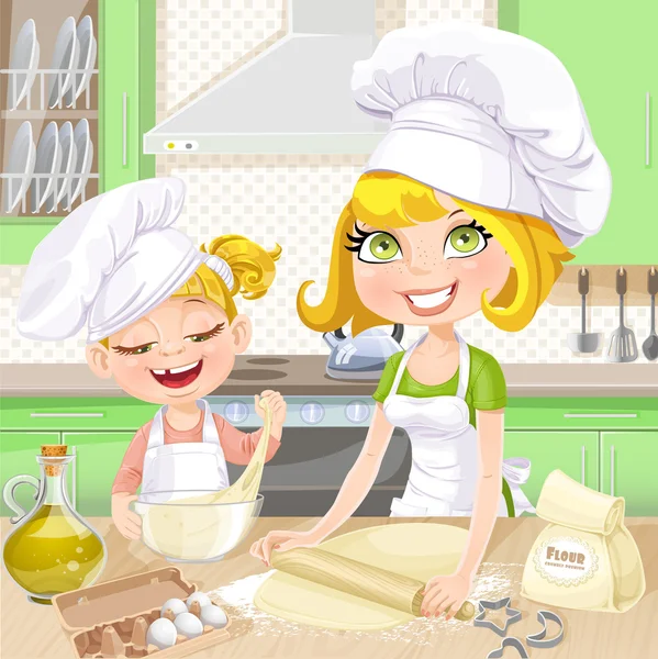 Madre e hija horneando galletas en la cocina — Vector de stock