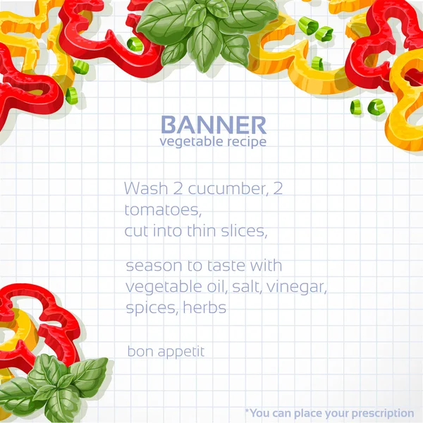 Big vector paper into the cell banner with sweet peppers and basil for your recipe — Stock Vector