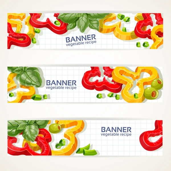 Bandeiras horizontais vetoriais com pimentas doces e manjericão — Vetor de Stock