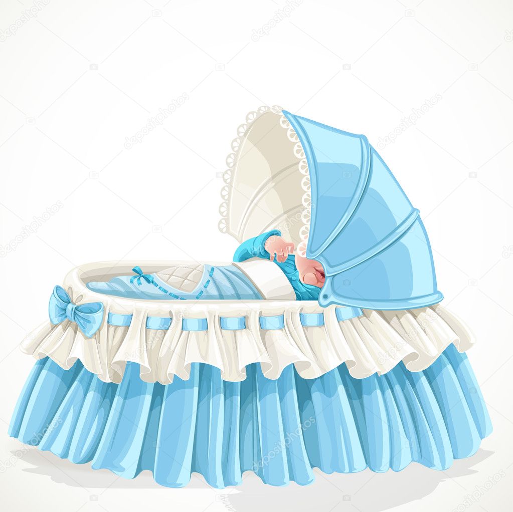Baby in blue cradle isolated on white background