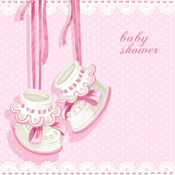 Baby shower card with pink booties and lace — Stock Vector