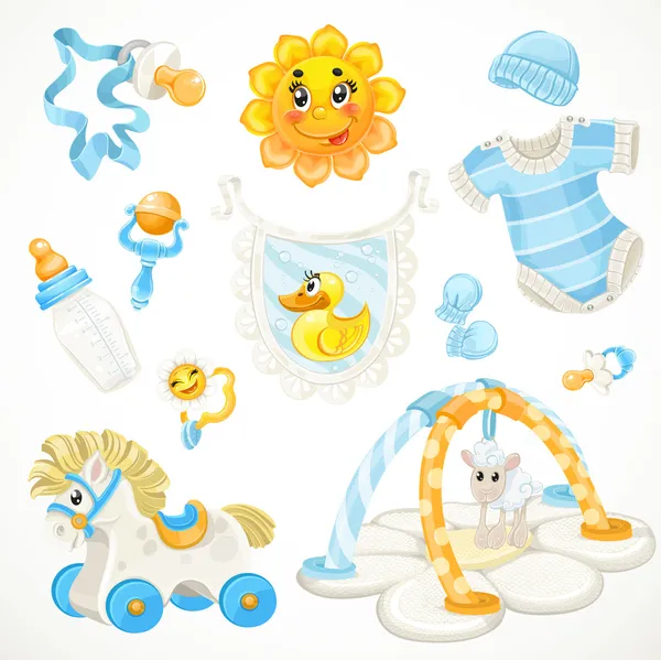 Set of blue baby toys objects clothes and things — Wektor stockowy