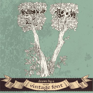 sihirli grunge orman elle çizilmiş bir vintage font - v