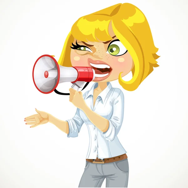 Cute girl shouts in a megaphone isolated on white background — Stock Vector