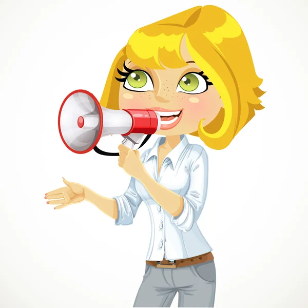 Mignonne fille parle dans un mégaphone isolé sur fond blanc — Image vectorielle