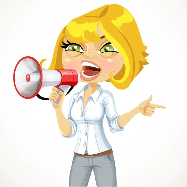 Cute girl emotionally shouts in a megaphone and shows his hand i — Stock Vector