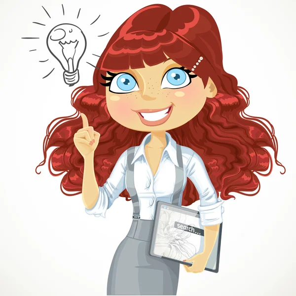 Roztomilý hnědé kudrnaté vlasy girl s elektronický tablet myšlenkou inspira — Stockový vektor