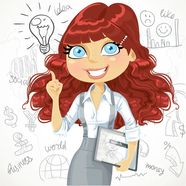 Chica linda morena de pelo rizado con una tableta electrónica idea inspira — Vector de stock