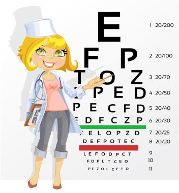 sevimli kadın doktor - optometrist noktaları test etmek için tablo