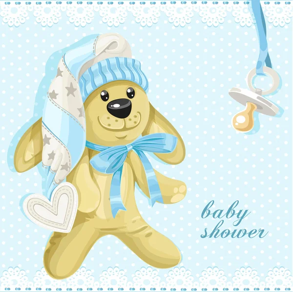 Baby shower card with blue soft rabbit and baby's dummy — Stock Vector