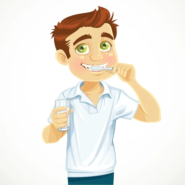 Cute man with a glass of water brushing his teeth isolated on wh — Stock Vector