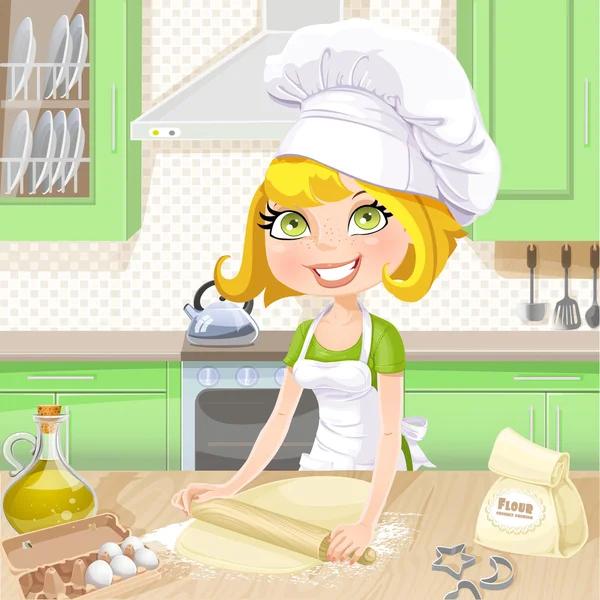 Cute blond girl baking cookies on kitchen — Stock Vector