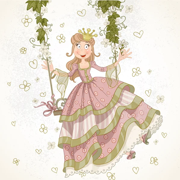 复古风格中的绘图秋千上摇摆的可爱小公主 — 图库矢量图片