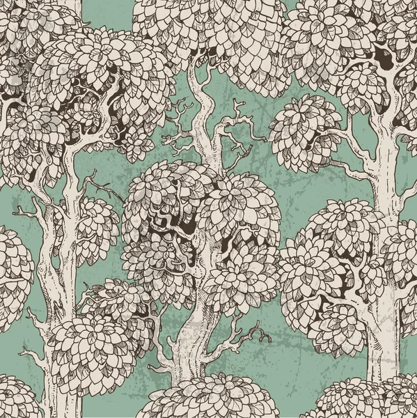 Modèle sans couture de vieux arbres enchantés sombres dessin graphique — Image vectorielle