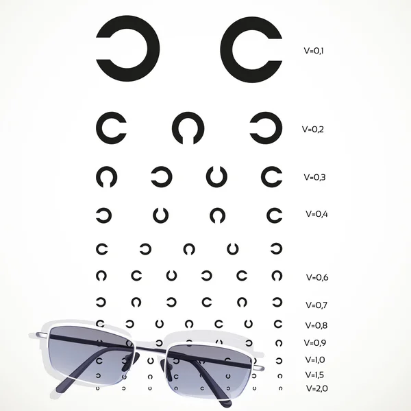Tabela do badania oczu w okularach na białym tle — Wektor stockowy