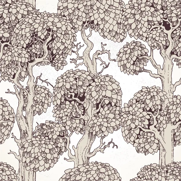 Modèle sans couture de vieux arbres enchantés dessin graphique — Image vectorielle