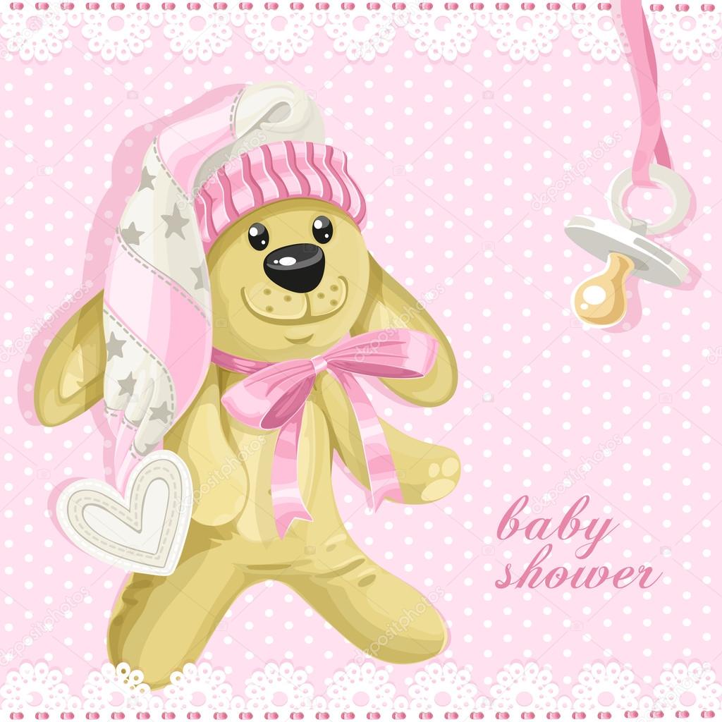 Baby shower card with pink soft toy rabbit and baby's dummy