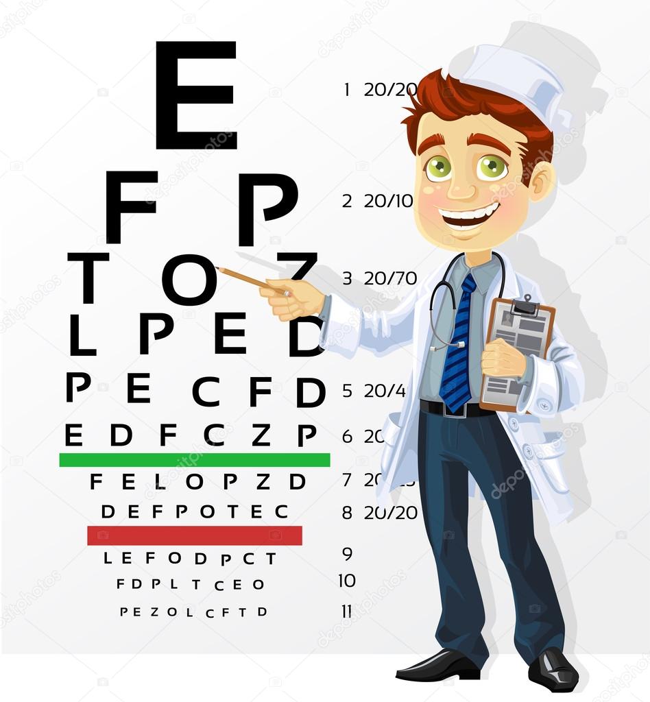 Cute men doctor - optometrist points to the table for testing vi