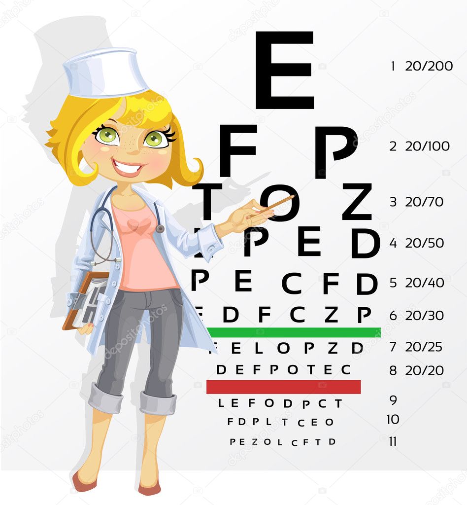Cute woman doctor - optometrist points to the table for testing