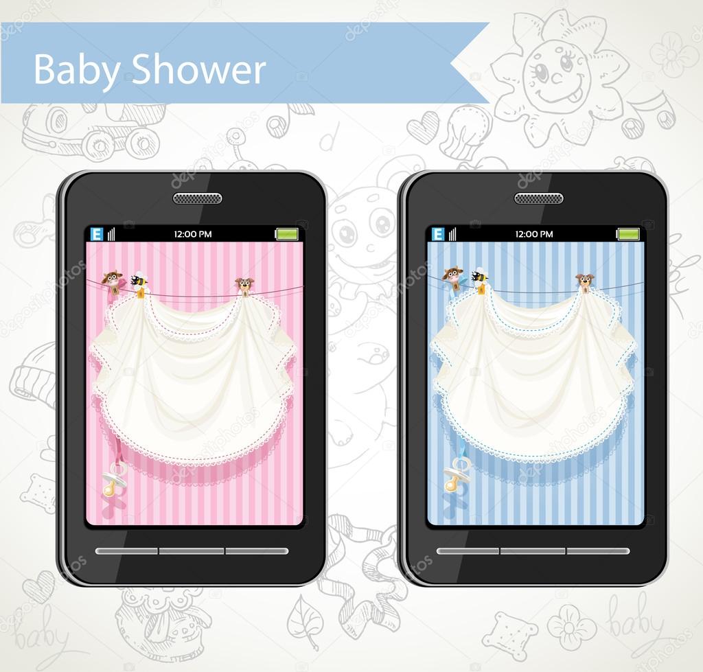 Smart phone with a baby shower cards to choose on doodle backgro