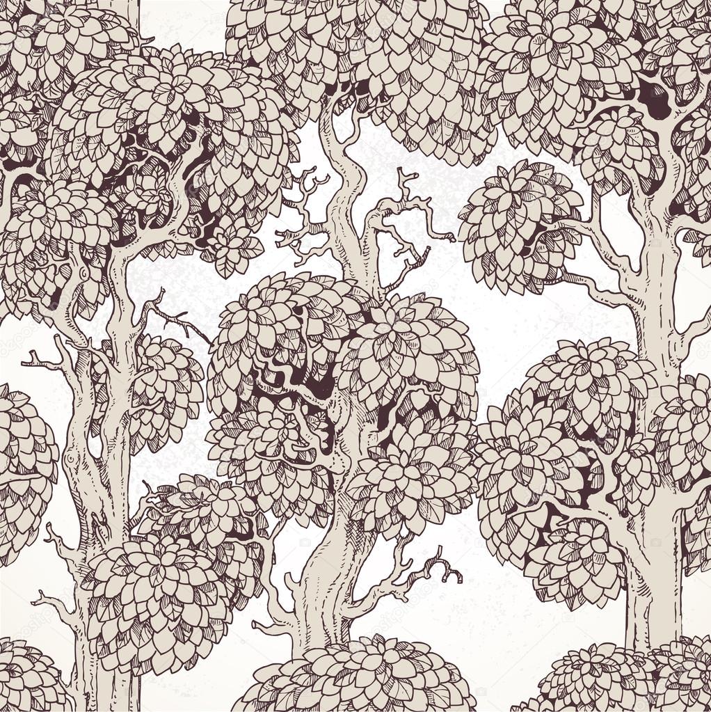 Seamless pattern of enchanted old trees graphic draw