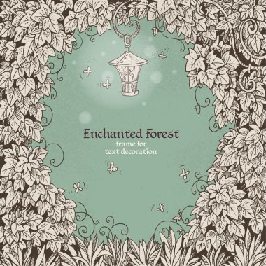 çerçeve metnin dekorasyon enchanted bir feneri ile orman ve