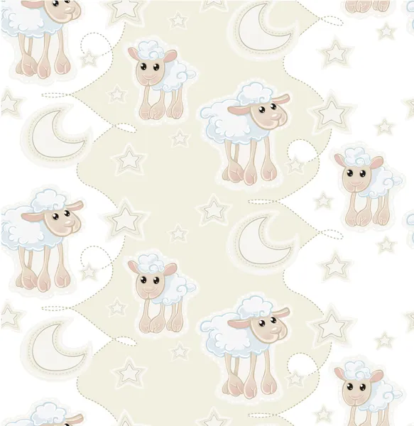 Modèle sans couture avec dessin animé bébé mouton endormi, étoiles et lune — Image vectorielle