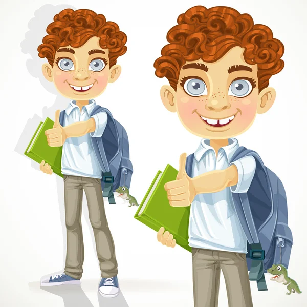 Cute curly-haired boy with books and school backpack — Stock Vector