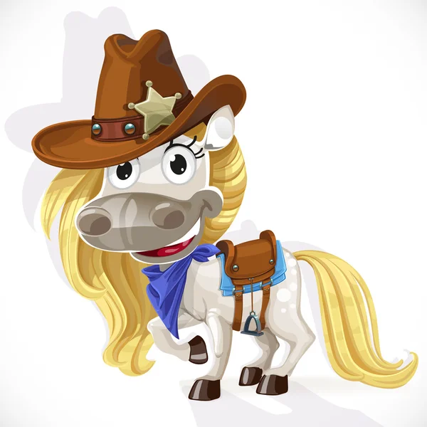 Mignon cheval blanc sellé dans un chapeau de cow-boy — Image vectorielle