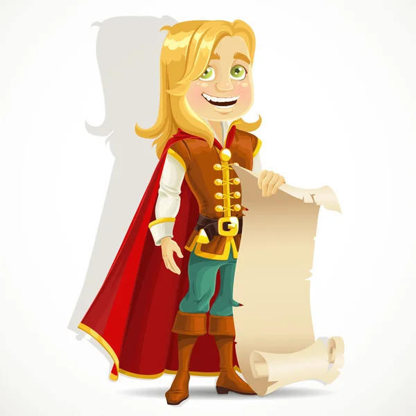 Cute blond prince with a scroll of parchment for your banner — Stock Vector