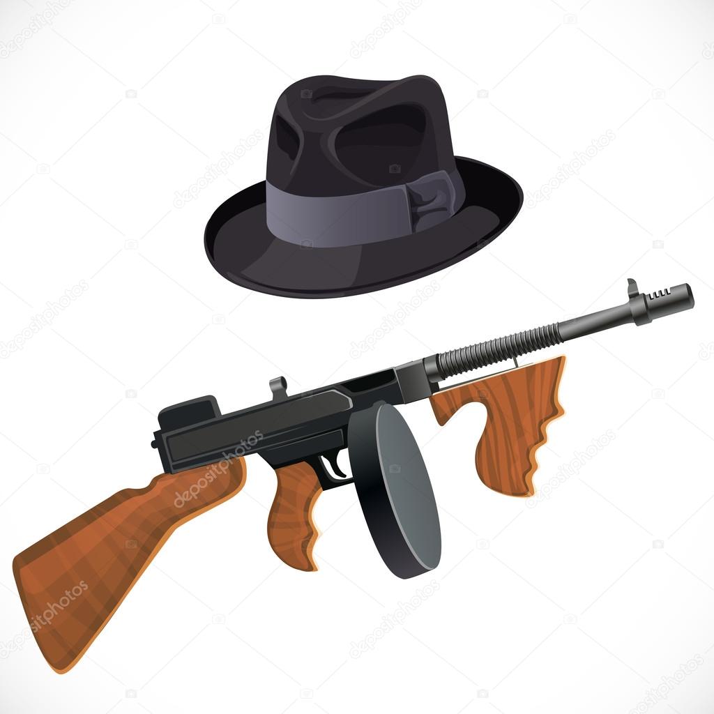 Fedora hat and a Thompson gun for a retro party isolated on whit