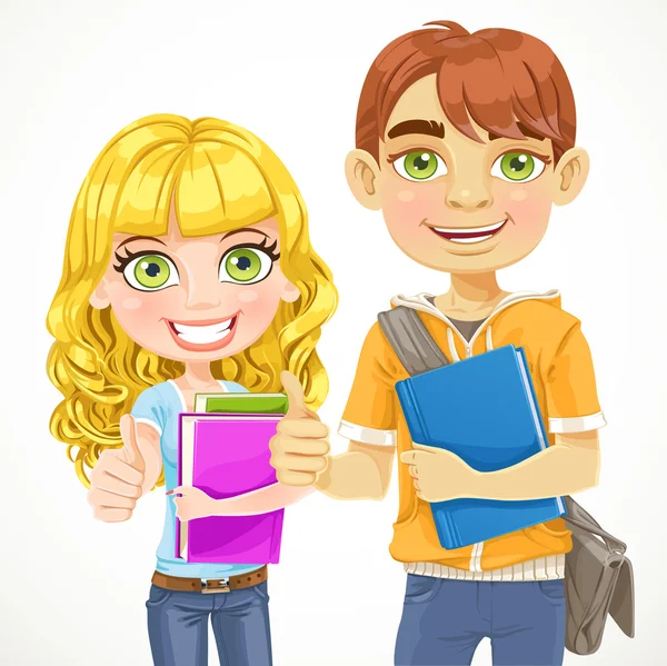 Cute boy and girl teenagers are ready for the new school year — Stock Vector
