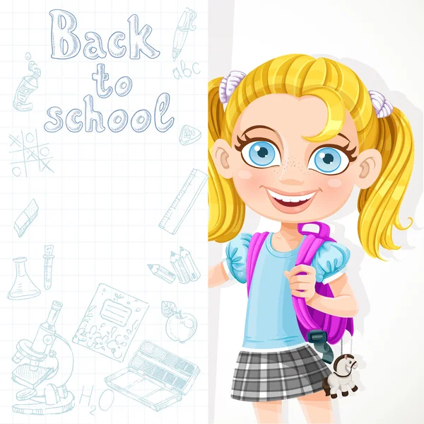 Cute schoolgirl hold big banner — Stock Vector