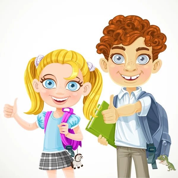 Cute schoolboy and schoolgirl ready to new school year — Stock Vector