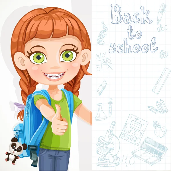 Cute little girl student with a big banner — Stock Vector