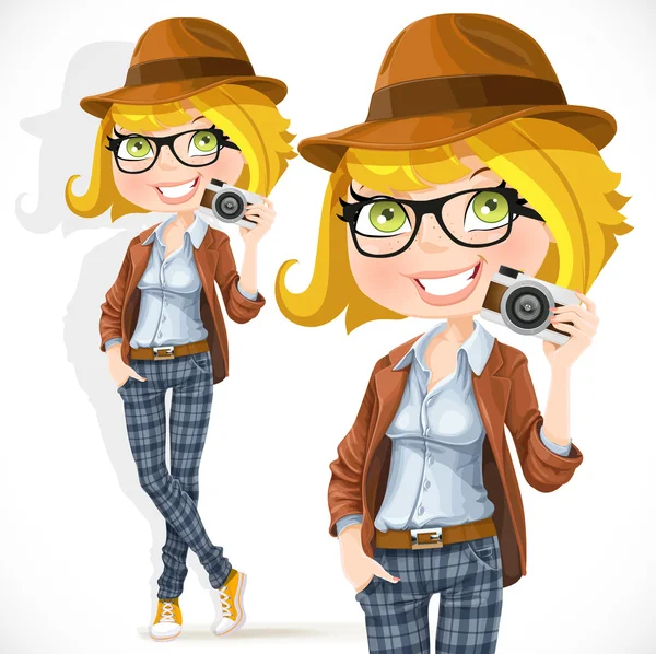 Hipster menina com uma câmera —  Vetores de Stock