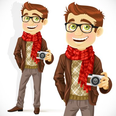 hipster adam bir eşarp ve fotoğraf makinesi