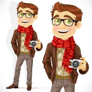 Hipster guy wearing a scarf and with a camera clipart