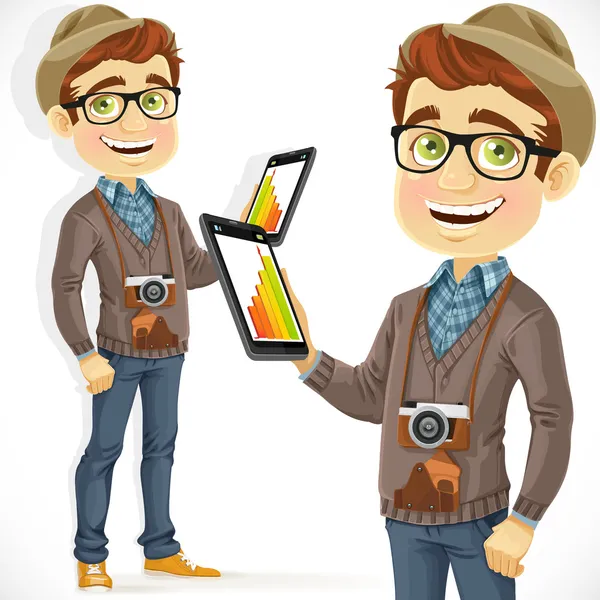 Cara de hipster de chapéu com um computador tablet — Vetor de Stock