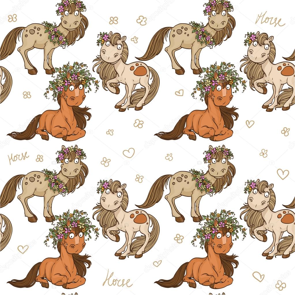 Seamless pattern with cartoon horses