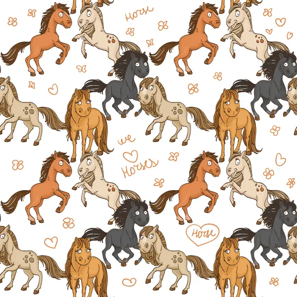 Seamless pattern of cute horses frolicking in freedom — Stock Vector