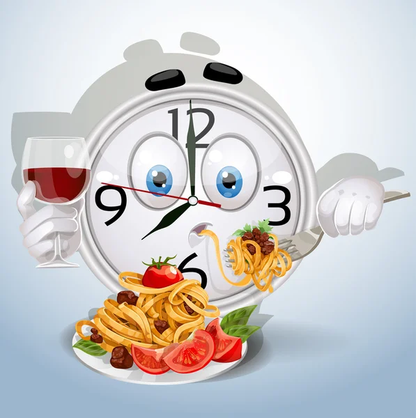 Relógio sorriso jantar de espaguete com um copo de vinho tinto — Vetor de Stock