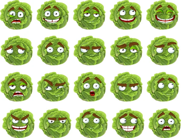 Vector cute cartoon groene kool glimlach met vele expressies — Stockvector