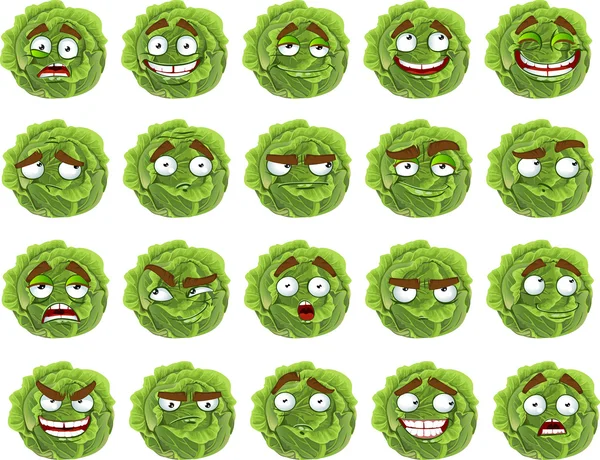 Vector cute cartoon green cabbage smile with many expressions — Stock Vector